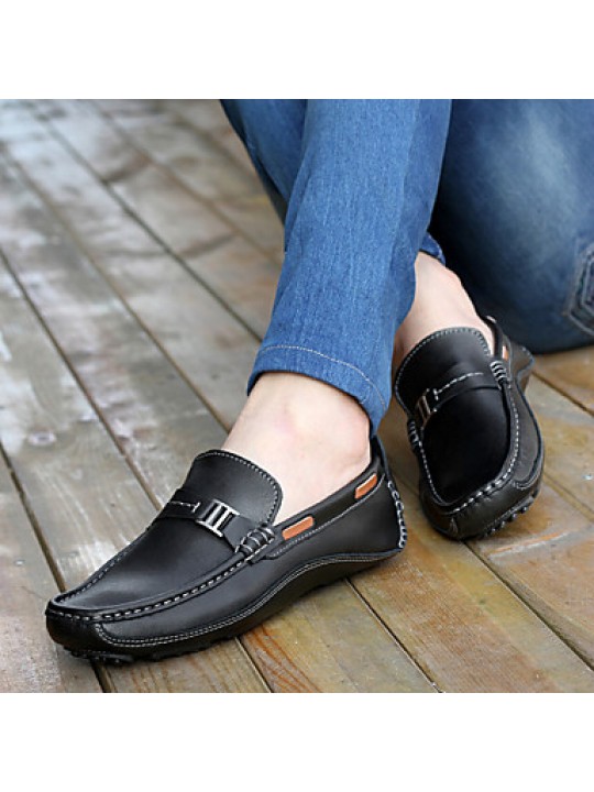 Men's Shoes Leather Casual Boat Shoes Casual Flat Heel Slip-on Black / Blue / Brown  