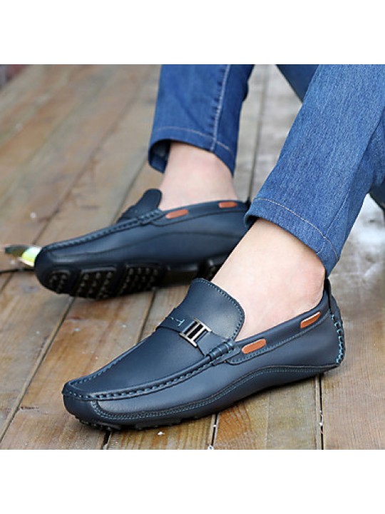 Men's Shoes Leather Casual Boat Shoes Casual Flat Heel Slip-on Black / Blue / Brown  