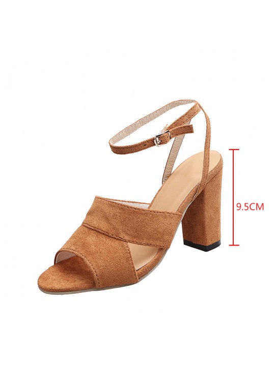 Women Fashion Vintage Solid Color Suede Upper Peep Toe Ankle Strap Buckle Chunky Heel Sandals