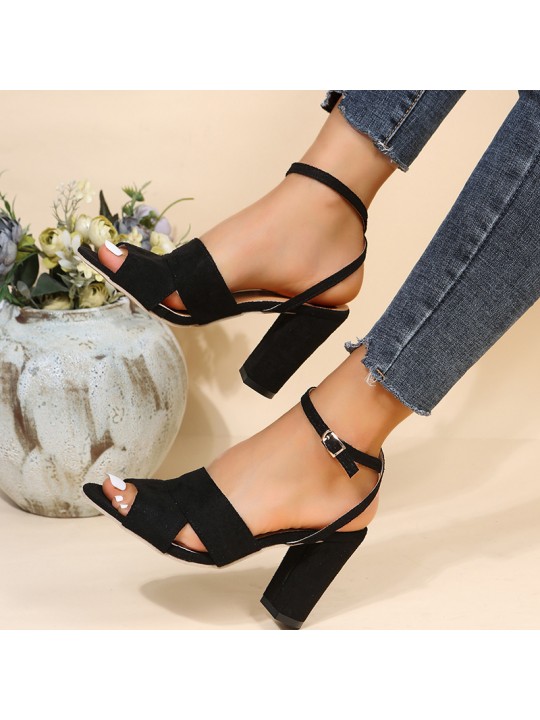 Women Fashion Vintage Solid Color Suede Upper Peep Toe Ankle Strap Buckle Chunky Heel Sandals