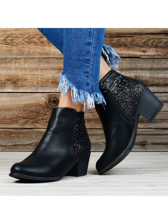 Vintage Fashion PU Upper Sequins Decor Chunky Heel Short Boots