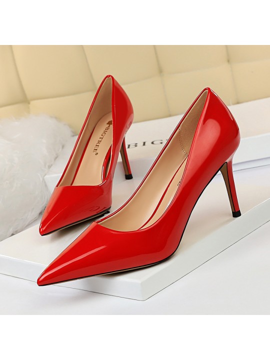 Women Fashion Basic Bright Color PU Pointed Toe Stiletto High Heel Pumps