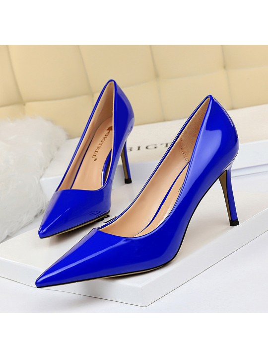 Women Fashion Basic Bright Color PU Pointed Toe Stiletto High Heel Pumps