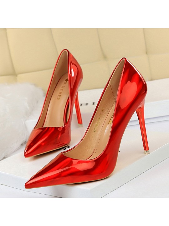 Metal High Heel Shiny Patent Leather Pointed Toe Sexy Women Pumps