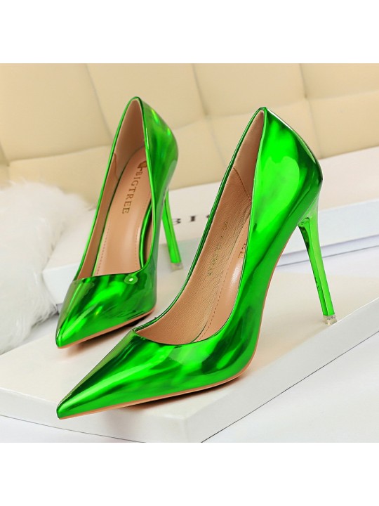 Metal High Heel Shiny Patent Leather Pointed Toe Sexy Women Pumps