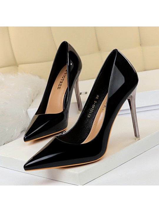 Metal High Heel Shiny Patent Leather Pointed Toe Sexy Women Pumps