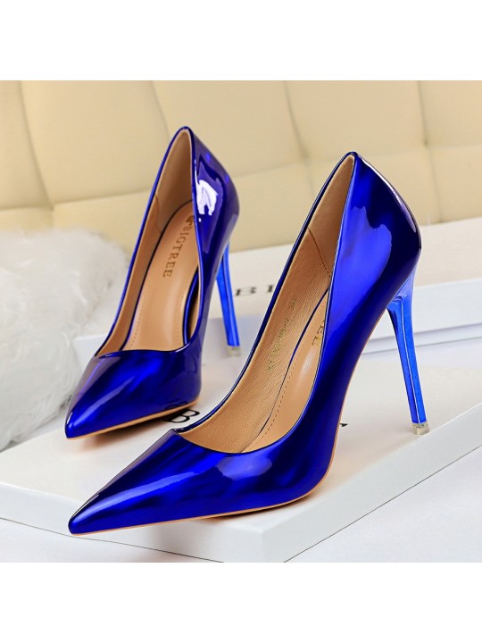 Metal High Heel Shiny Patent Leather Pointed Toe Sexy Women Pumps