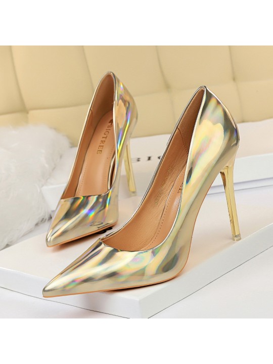 Metal High Heel Shiny Patent Leather Pointed Toe Sexy Women Pumps