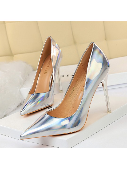 Metal High Heel Shiny Patent Leather Pointed Toe Sexy Women Pumps