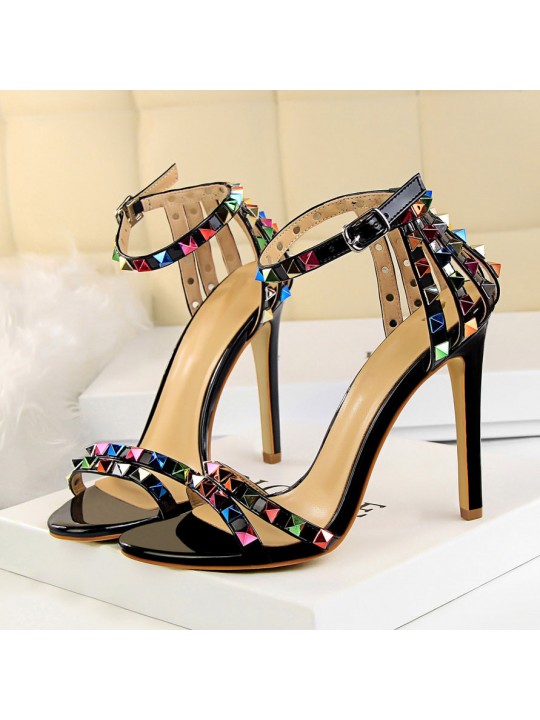 Fashion Women Sexy 11cm High Heels Rivets Studded Sandals Ankle Buckle Strap Stiletto Shoes