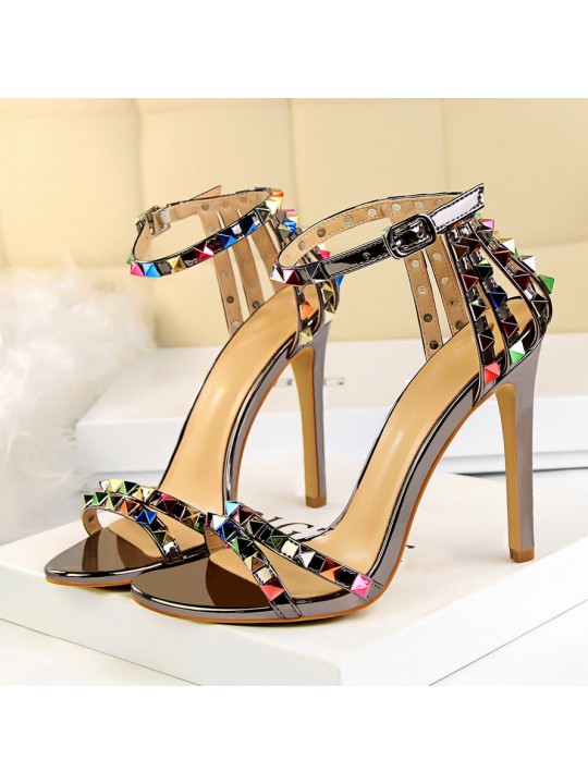 Fashion Women Sexy 11cm High Heels Rivets Studded Sandals Ankle Buckle Strap Stiletto Shoes