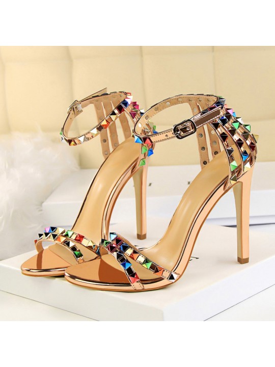 Fashion Women Sexy 11cm High Heels Rivets Studded Sandals Ankle Buckle Strap Stiletto Shoes