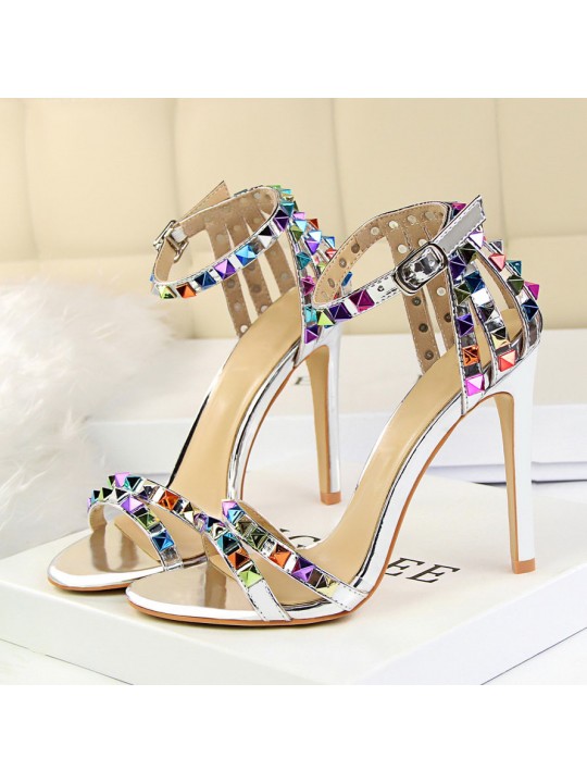 Fashion Women Sexy 11cm High Heels Rivets Studded Sandals Ankle Buckle Strap Stiletto Shoes