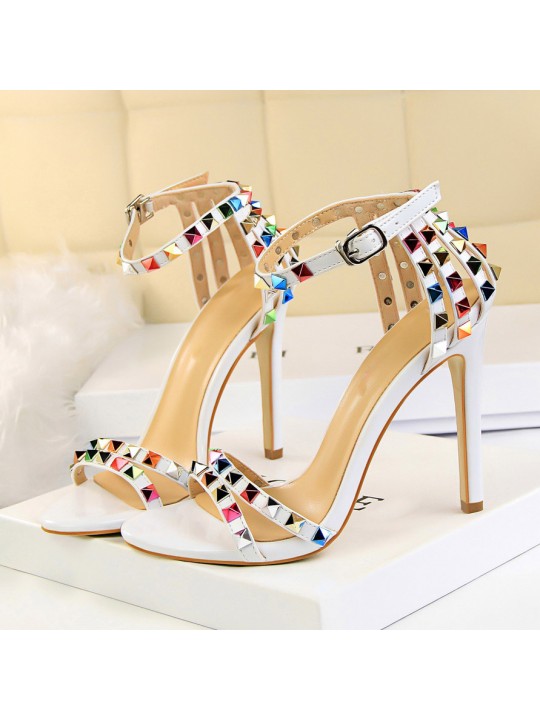 Fashion Women Sexy 11cm High Heels Rivets Studded Sandals Ankle Buckle Strap Stiletto Shoes