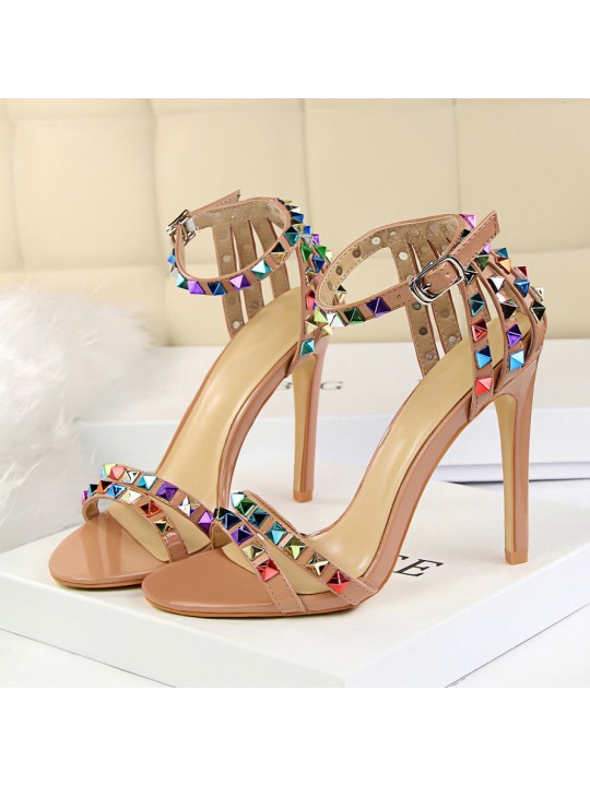 Fashion Women Sexy 11cm High Heels Rivets Studded Sandals Ankle Buckle Strap Stiletto Shoes