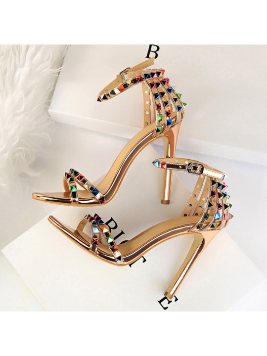 Fashion Women Sexy 11cm High Heels Rivets Studded Sandals Ankle Buckle Strap Stiletto Shoes