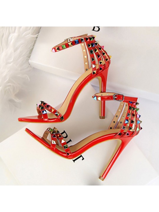 Fashion Women Sexy 11cm High Heels Rivets Studded Sandals Ankle Buckle Strap Stiletto Shoes