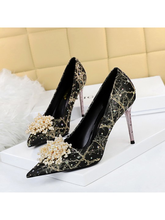 Women Fashion Sexy Pearl Flower Decorative Stiletto Shoes Pumps