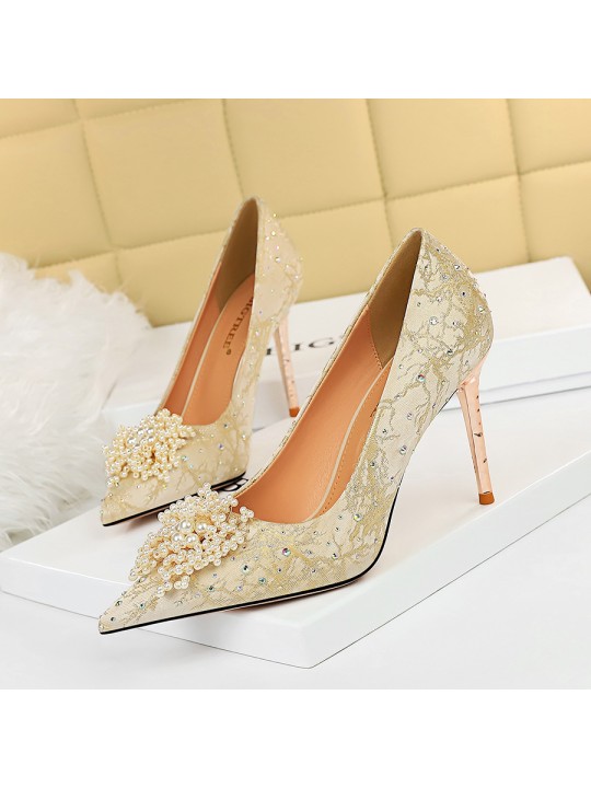 Women Fashion Sexy Pearl Flower Decorative Stiletto Shoes Pumps