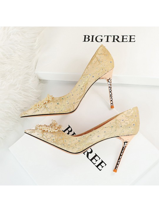 Women Fashion Sexy Pearl Flower Decorative Stiletto Shoes Pumps