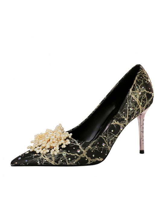 Women Fashion Sexy Pearl Flower Decorative Stiletto Shoes Pumps