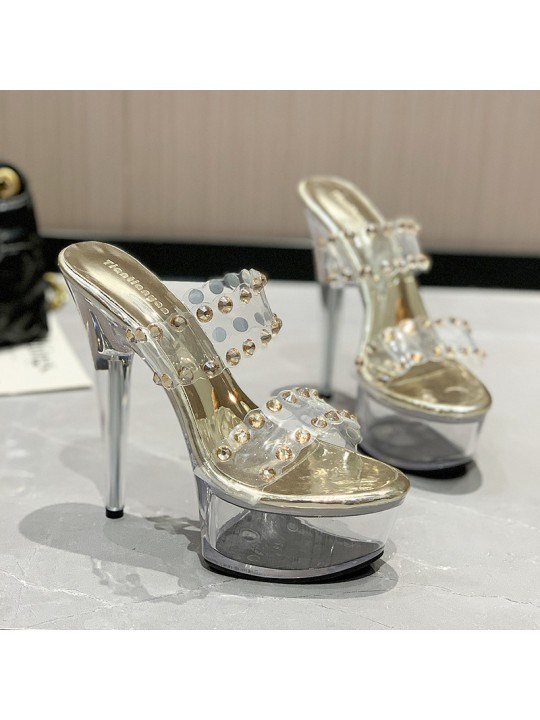 Women Fashion Sexy Rhinestone Decorative Transparent Platform Design Stiletto Sandals