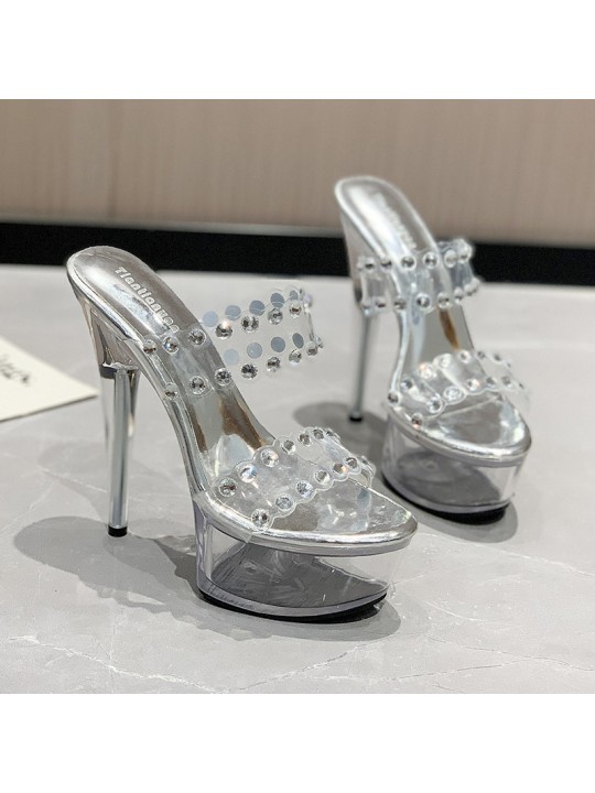 Women Fashion Sexy Rhinestone Decorative Transparent Platform Design Stiletto Sandals