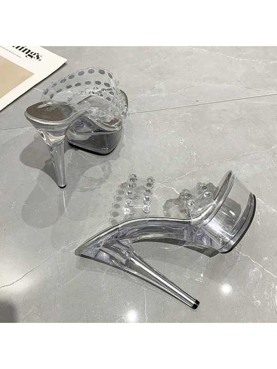 Women Fashion Sexy Rhinestone Decorative Transparent Platform Design Stiletto Sandals