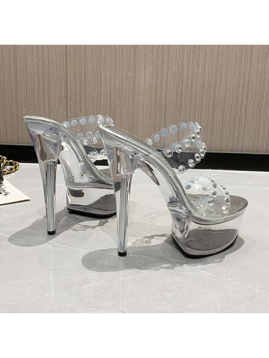 Women Fashion Sexy Rhinestone Decorative Transparent Platform Design Stiletto Sandals