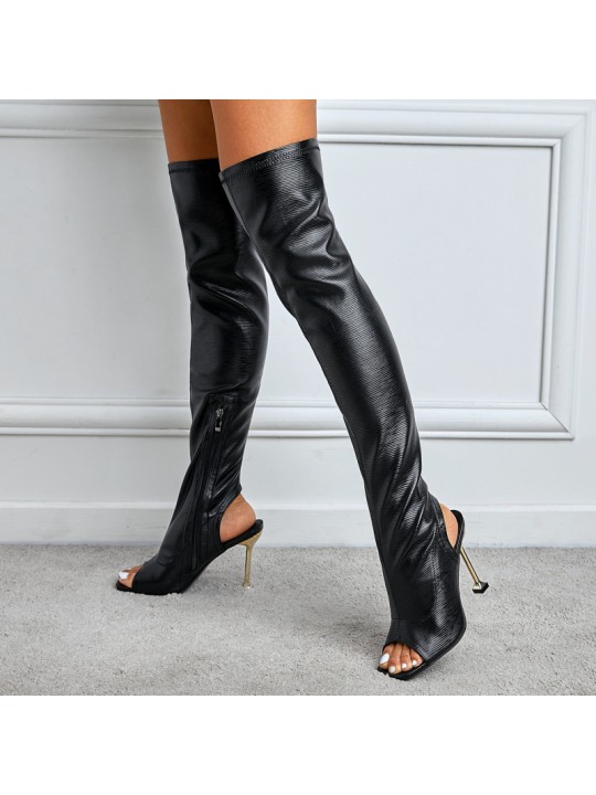 Women Fashion Square Toe Pu Side Zipper Over The Knee Boots