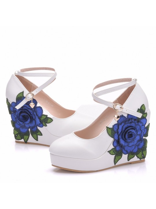 Women Fashion Round Toe Wedge Platform Cross Strap Blue Floral Sandals