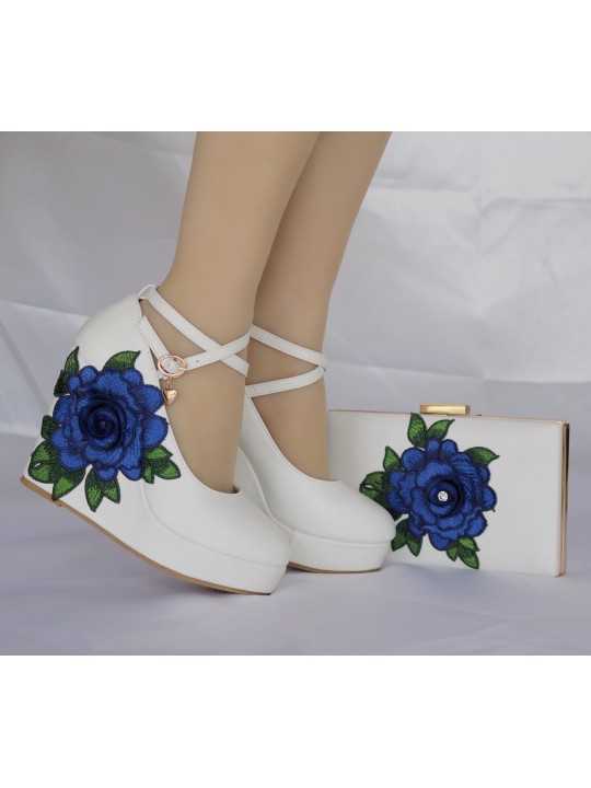 Women Fashion Round Toe Wedge Platform Cross Strap Blue Floral Sandals