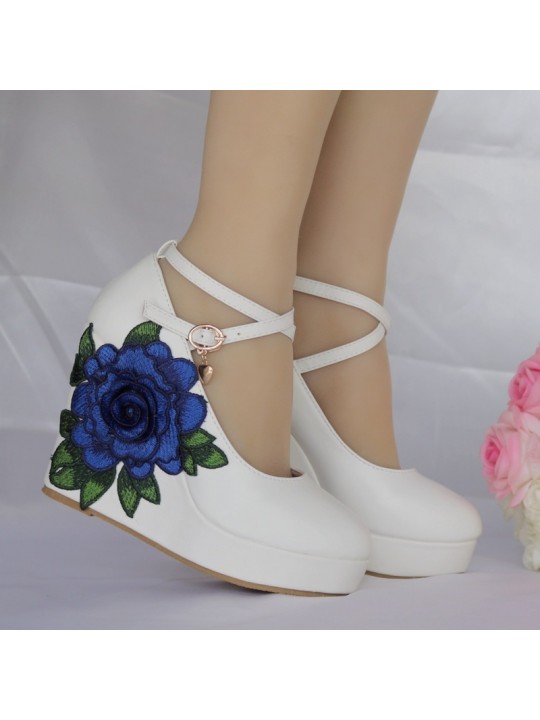 Women Fashion Round Toe Wedge Platform Cross Strap Blue Floral Sandals