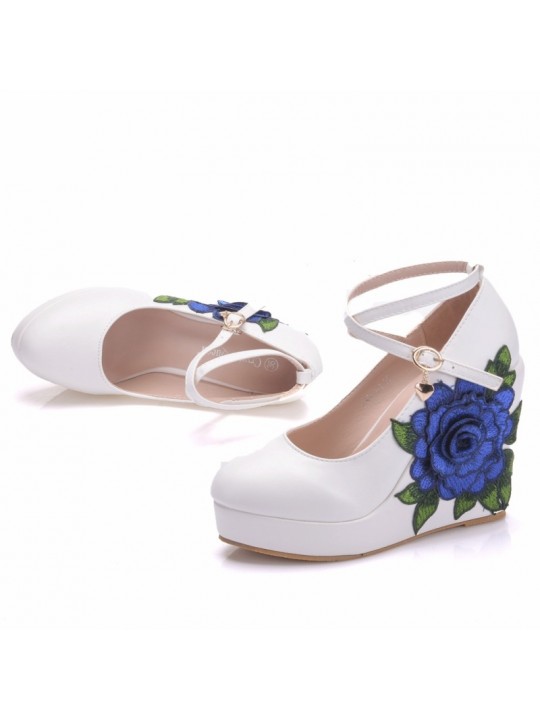 Women Fashion Round Toe Wedge Platform Cross Strap Blue Floral Sandals