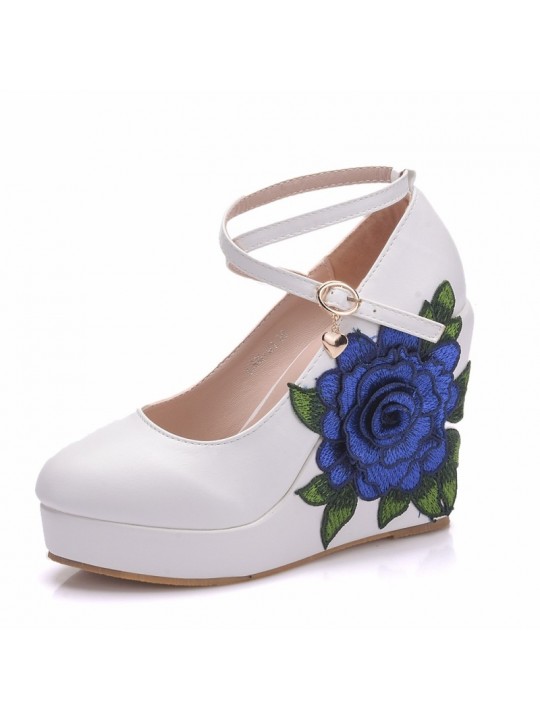 Women Fashion Round Toe Wedge Platform Cross Strap Blue Floral Sandals