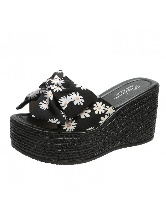 Women Wedge Thick Bottom Fashion Platform Tiny Flower Floral Print Bowknot Slippers