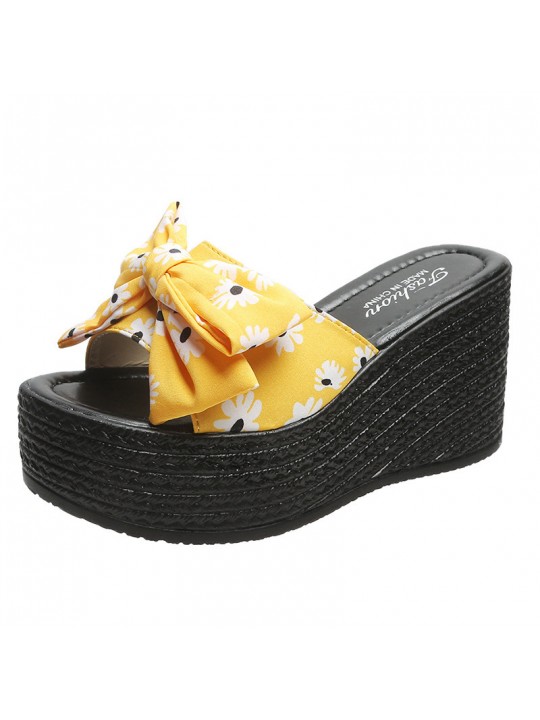 Women Wedge Thick Bottom Fashion Platform Tiny Flower Floral Print Bowknot Slippers