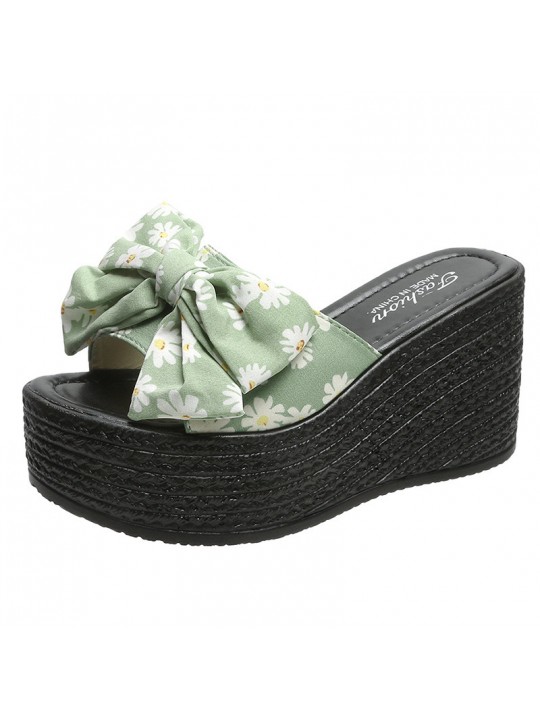 Women Wedge Thick Bottom Fashion Platform Tiny Flower Floral Print Bowknot Slippers