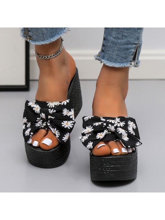 Women Wedge Thick Bottom Fashion Platform Tiny Flower Floral Print Bowknot Slippers