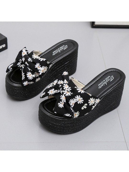 Women Wedge Thick Bottom Fashion Platform Tiny Flower Floral Print Bowknot Slippers