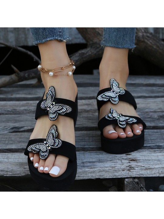 Plus Size Women Fashion Rhinestone Butterfly Wedge Platform Slippers