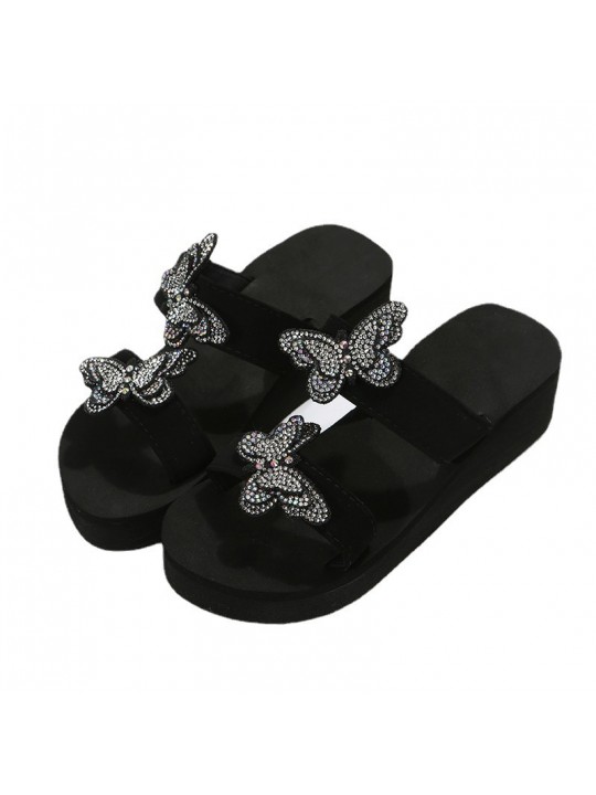 Plus Size Women Fashion Rhinestone Butterfly Wedge Platform Slippers