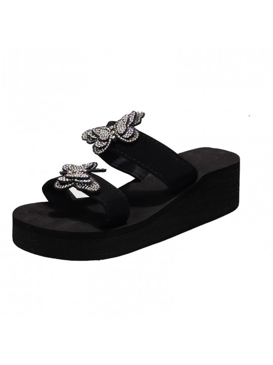 Plus Size Women Fashion Rhinestone Butterfly Wedge Platform Slippers