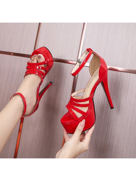 Women Fashion Sexy Solid Color Platform Stiletto Heel Ankle Strap Buckle Sandals