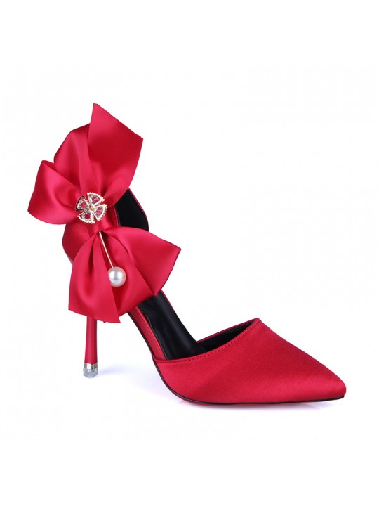 Women Fashion Elegant Solid Color PU Pointed Toe Bowknot Pumps