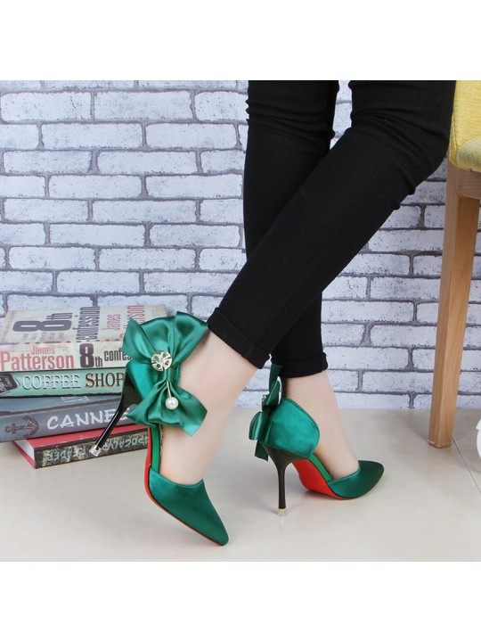 Women Fashion Elegant Solid Color PU Pointed Toe Bowknot Pumps