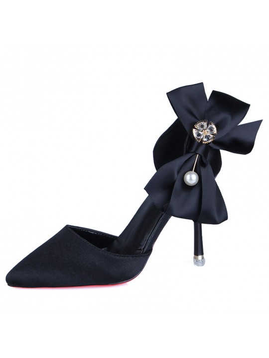 Women Fashion Elegant Solid Color PU Pointed Toe Bowknot Pumps