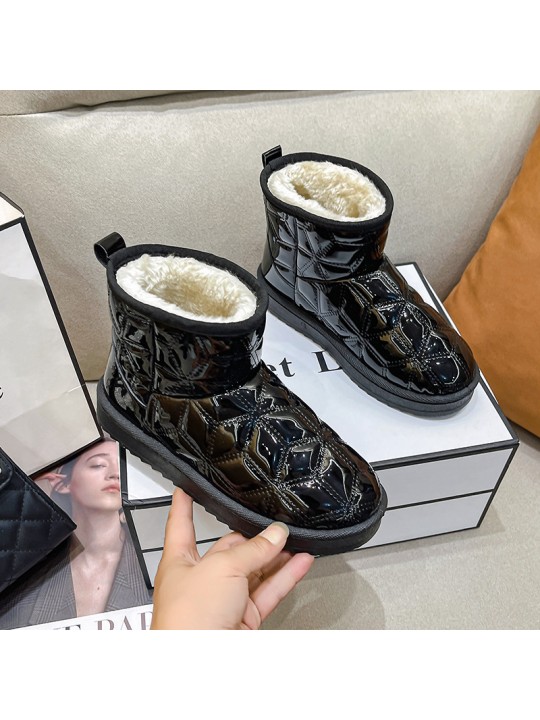 Autumn And Winter Women Fashionable Fleece-Lined Warm Round Toe Flat Snow Boots