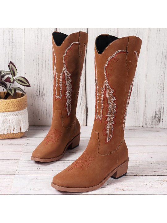 Women Fashion Plus Size V-Mouth Embroidery High Boots