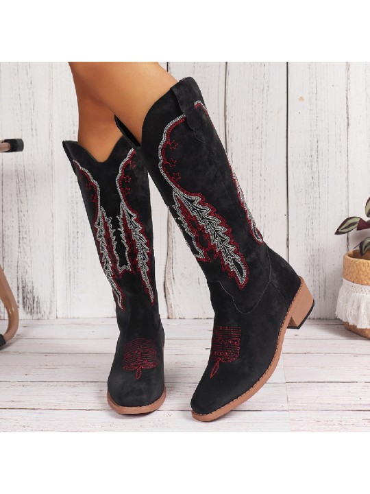 Women Fashion Plus Size V-Mouth Embroidery High Boots